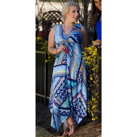 Chicos Tribal Southwestern Handkerchief Hem Twist Dress Size 4 XXL Blue Travel - Picture 1 of 7